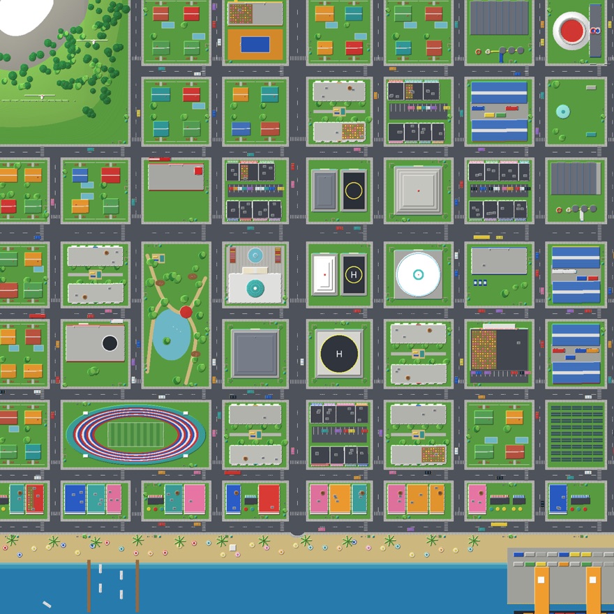 Top-down plan of Brightwater Bay, a colourful city-builder town grid with a stadium, park and beach
