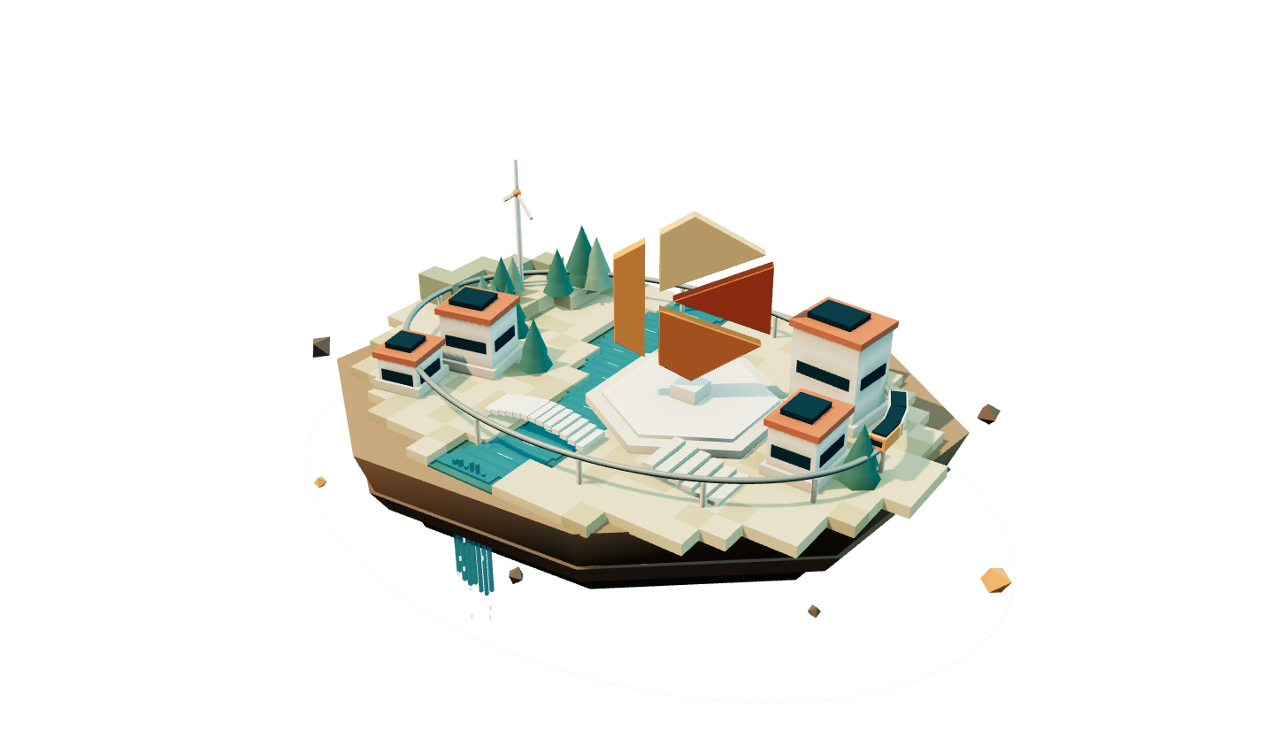An illustrated floating world with a terraced island, a floating Kosuno logo, trees and an elevated railway
