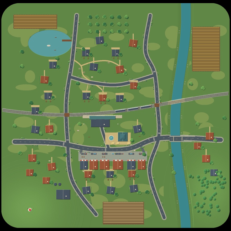 Top-down plan of Oakmere Crossing, a country-town railway diorama with a river, lake, fields and 40 buildings