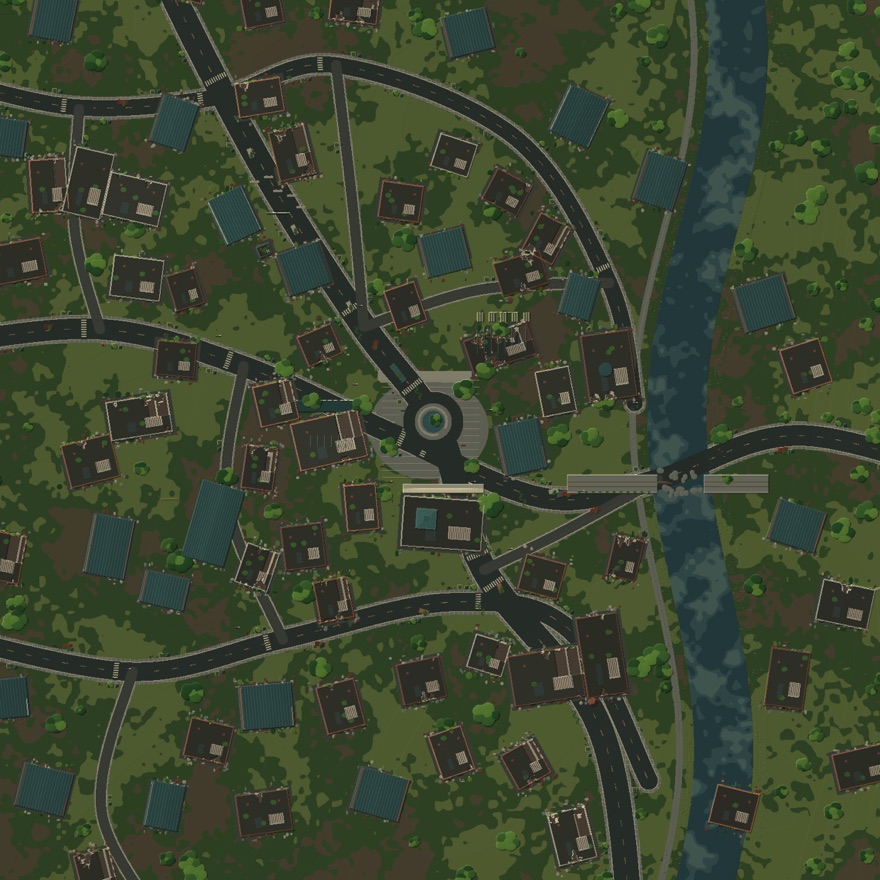 Top-down plan of Saint Alder, an overgrown post-apocalyptic city district with a river and roundabout