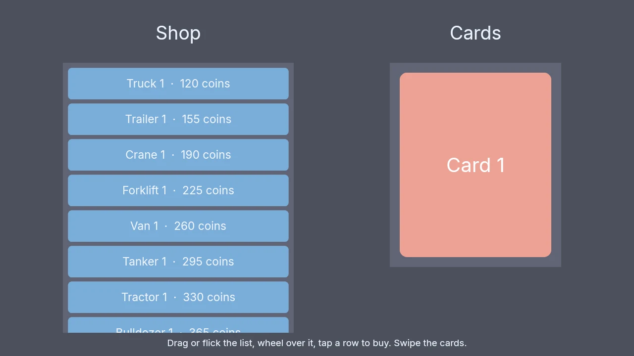 Kosuno native scroll example with a shop list and a horizontally snapping card carousel.